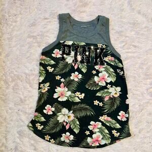 Victoria's Secret Floral Sequin PINK Tank Top - Black, Gray, Pink, Green